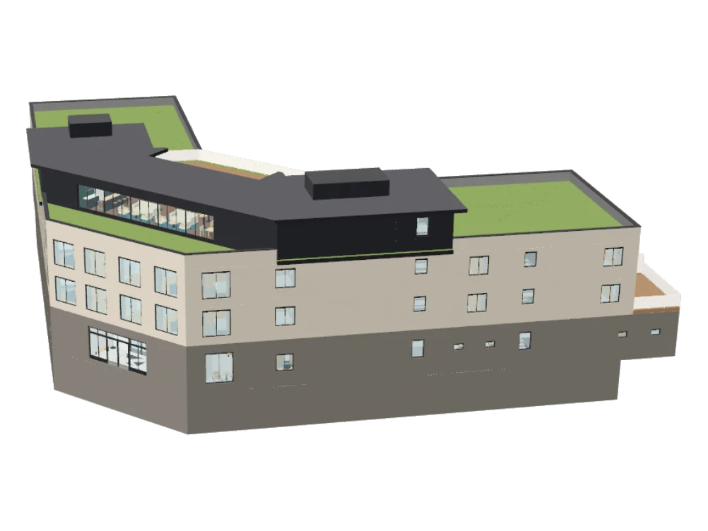 The Vabumi Hotel seen from the garden side: four storeys under a dark roof with a roof bar, and planted roofs on both wings.