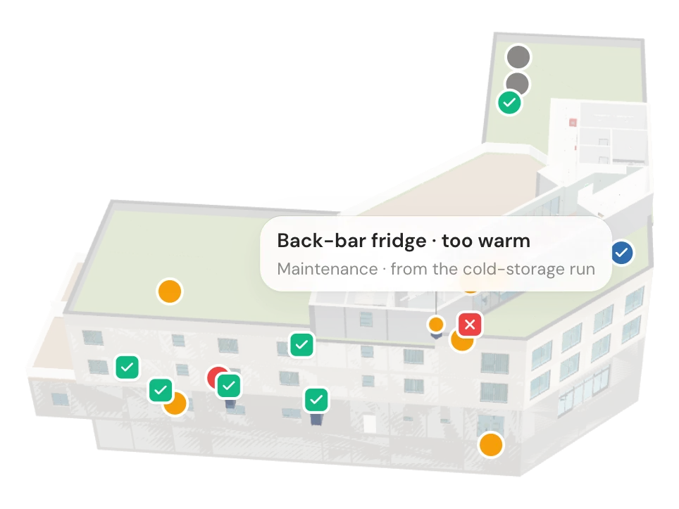 The Vabumi Hotel drawn see-through, with the day's work marked on its storeys: checks that passed, tasks that are open, and one card that reads Back-bar fridge, too warm, Maintenance, from the cold-storage run.