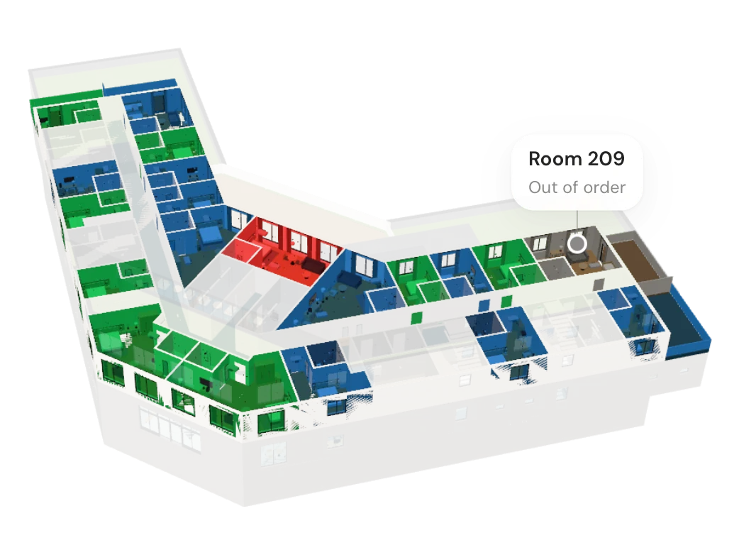 Floor 2 of the Vabumi Hotel, seen from above with its roof off, each room in its housekeeping colour: clean rooms green, inspected rooms blue, one room still dirty in red, and Room 209 grey, labelled out of order.