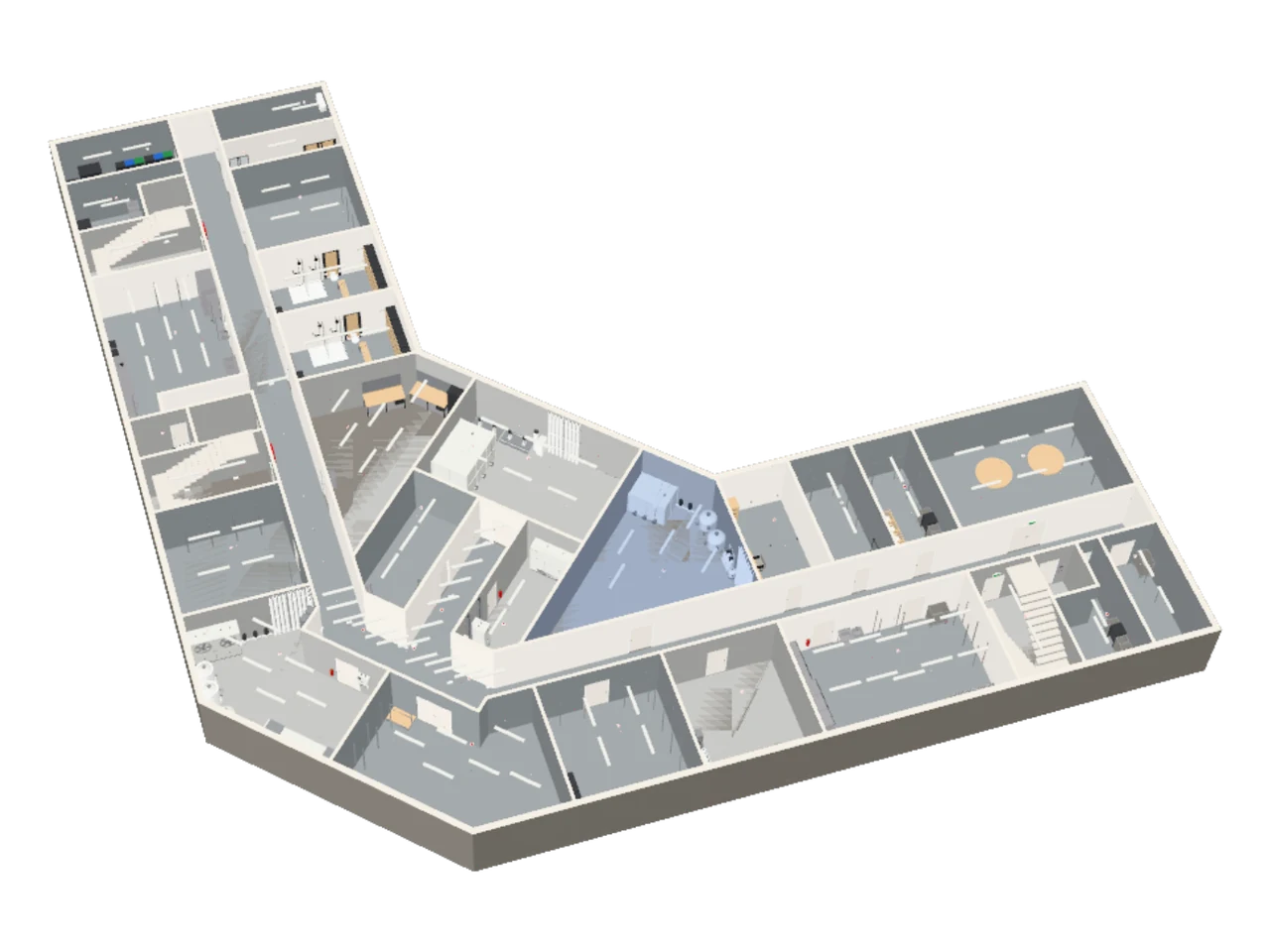 The Basement of the Vabumi Hotel, seen from above with the floors over it lifted away. The Pool Plant is tinted.